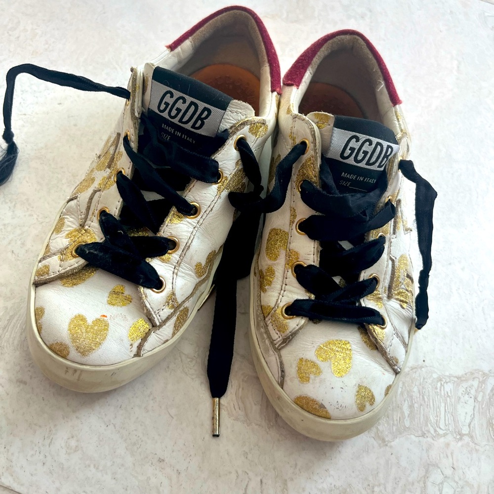 GOLDEN GOOSE DELUXE BRANS Girls Gold White Leather Trainers Sneakers (size 30)